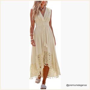 Sleeveless Maxi Dress with Lace Hem Smocked Waist V-Neck Boho Style